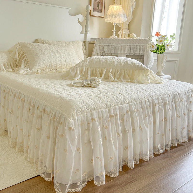 Lace rose embroidery all cotton four piece set pure cotton bed with cotton clip bed skirt duvet cover - Korvel