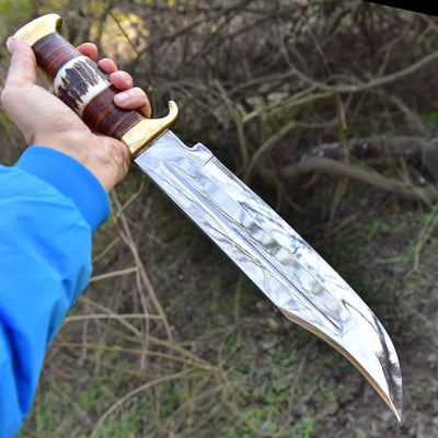 Elite D2 Steel Bowie Knife - 16" Length, 11" Blade, Antler Handle with Leather & Brass Accents - Korvel