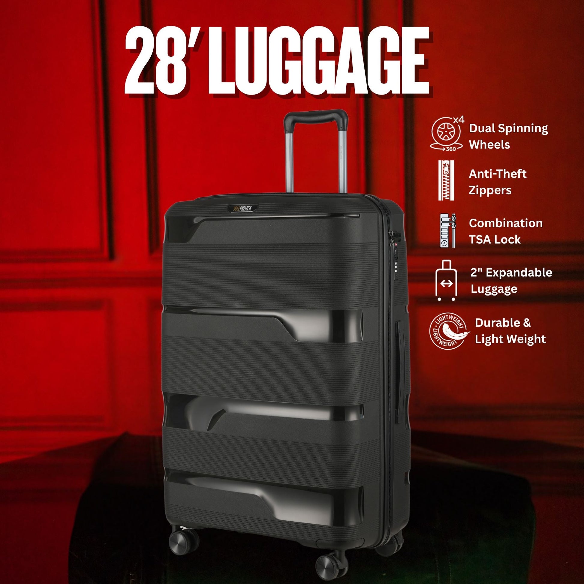 28-Inch Sleek Black Hardcase Spinner Luggage with TSA Lock - Korvel