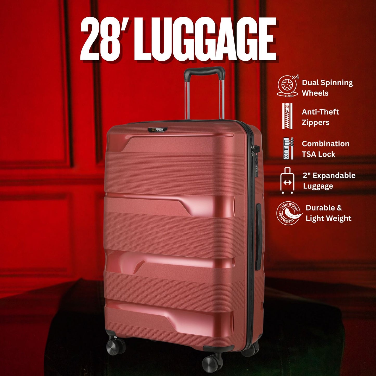 Maleta rígida roja de 28 pulgadas con ruedas de 360° y cerradura TSA