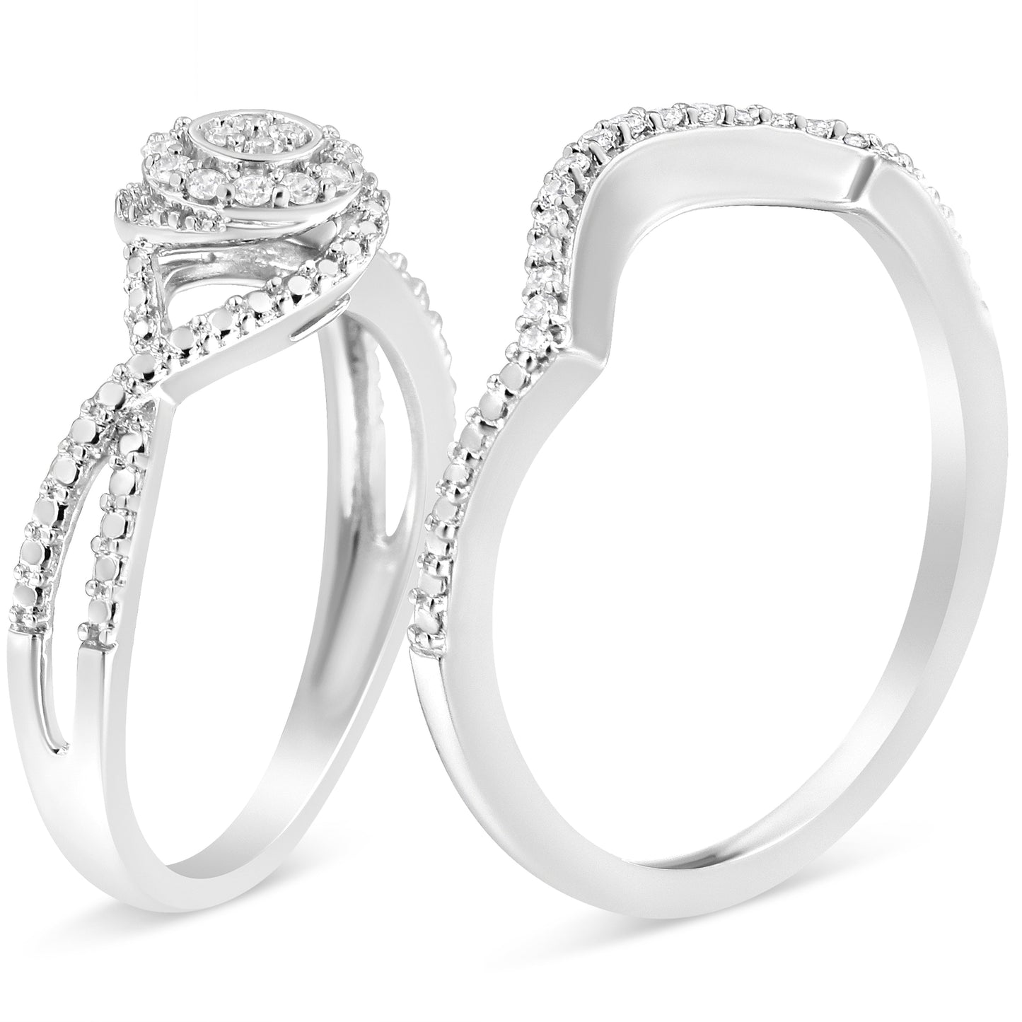 Anillo de Conjunto de Boda con Halo de Diamantes de Plata Esterlina .925 - Talla 7