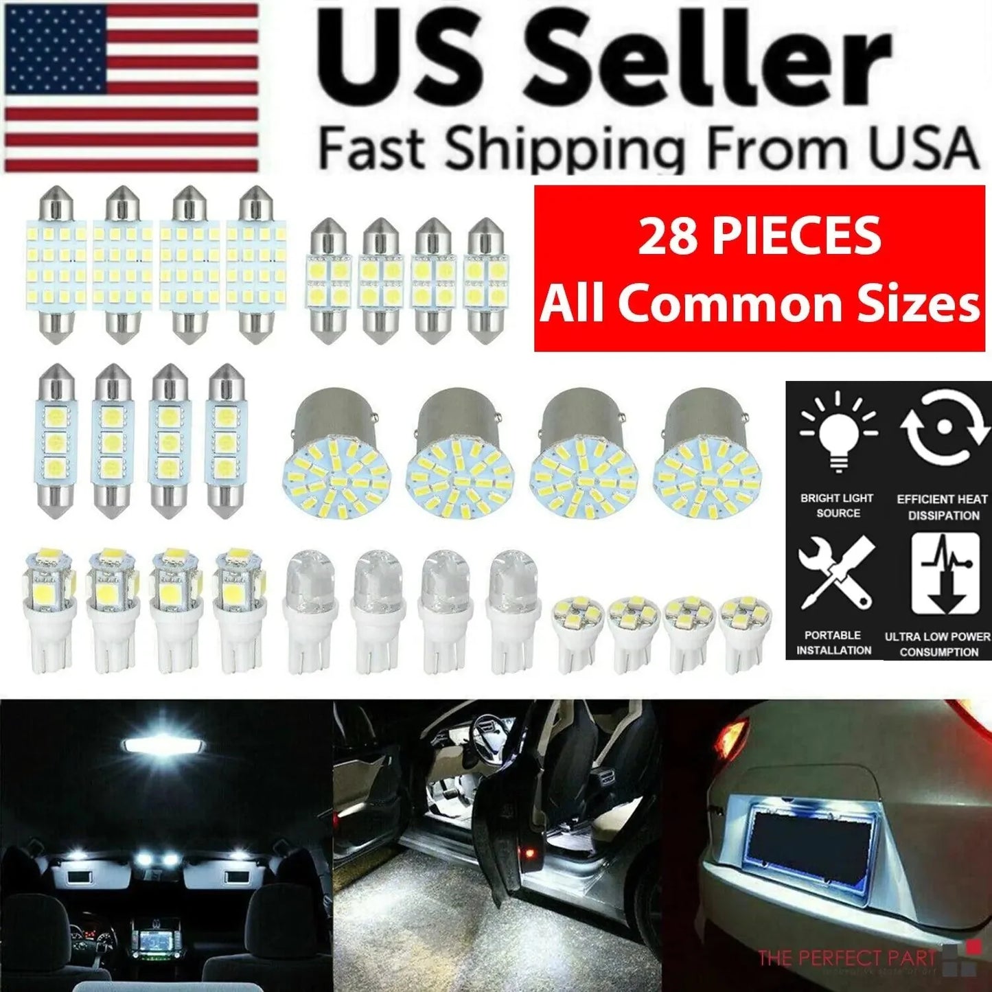 28-Piece White LED Interior Light Bulb Set for Cars
