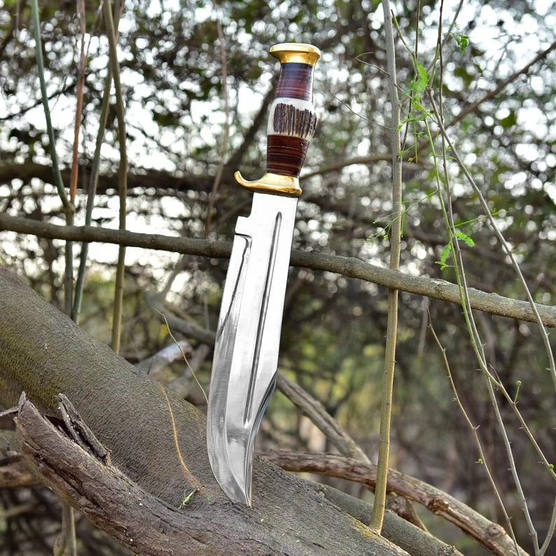 Elite D2 Steel Bowie Knife - 16" Length, 11" Blade, Antler Handle with Leather & Brass Accents - Korvel