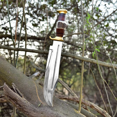 Elite D2 Steel Bowie Knife - 16" Length, 11" Blade, Antler Handle with Leather & Brass Accents - Korvel