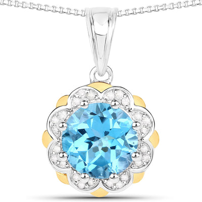 2.32 Carat Swiss Blue Topaz & Diamond Pendant in 14K Gold & Sterling Silver