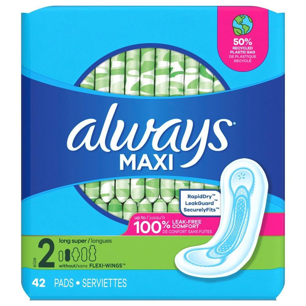 Always Maxi Pads avec ailes, taille 2 longue, sans parfum, 42 unités
