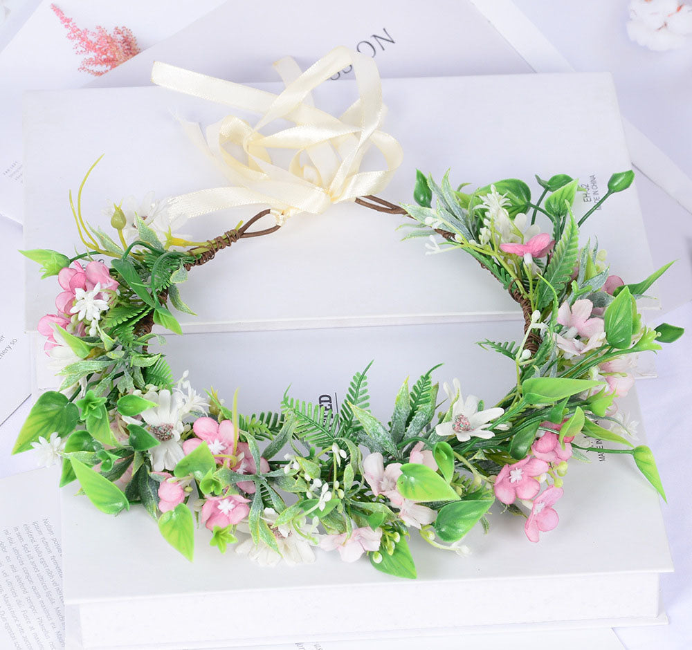 Forest style headwear with super fairy texture, simulated rose headband, flannel, rolled edges, rose green leaf garland - Korvel