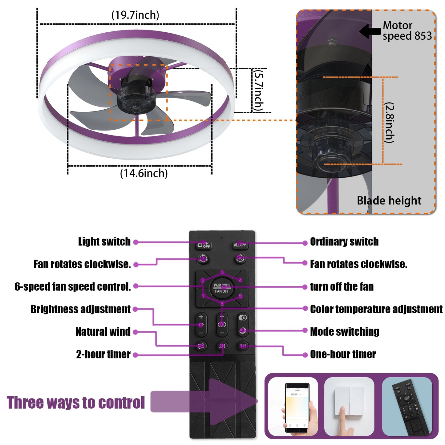 Dimmable LED Ceiling Fan with Modern Design in Purple