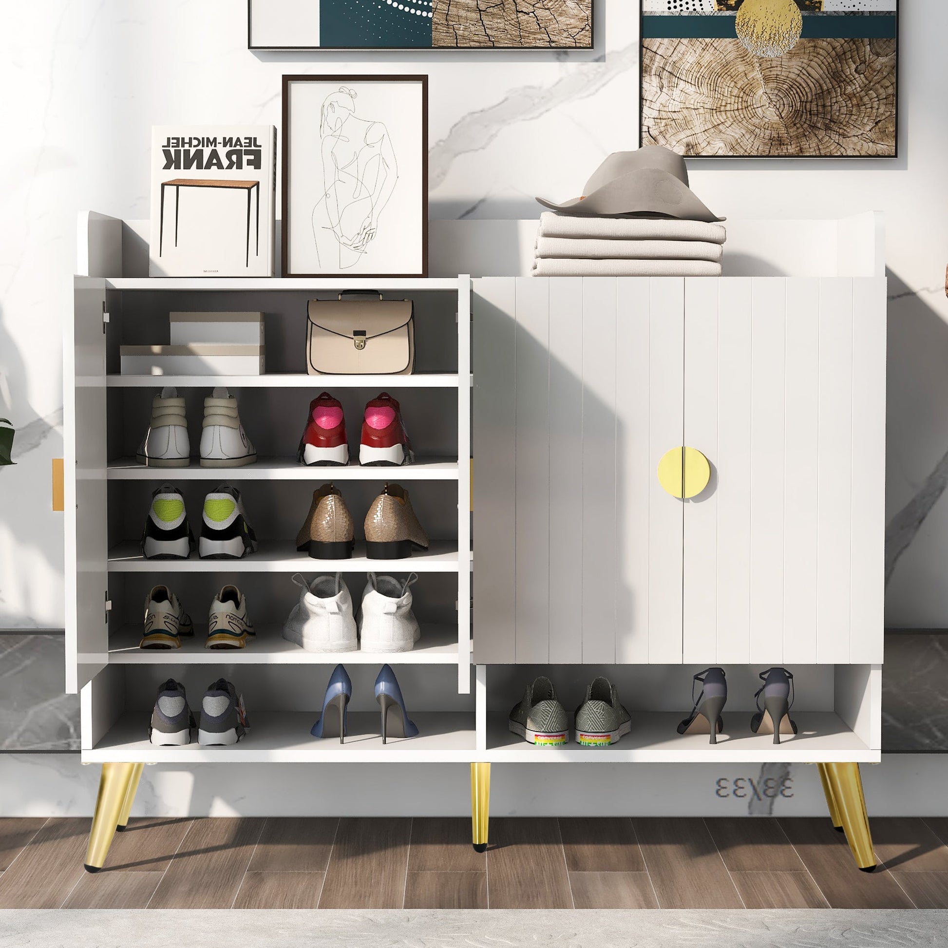 U-Can shoe cabinet with door, 11 layers with adjustable shelves, modern wooden shoe cabinet (PVC surface) - Korvel