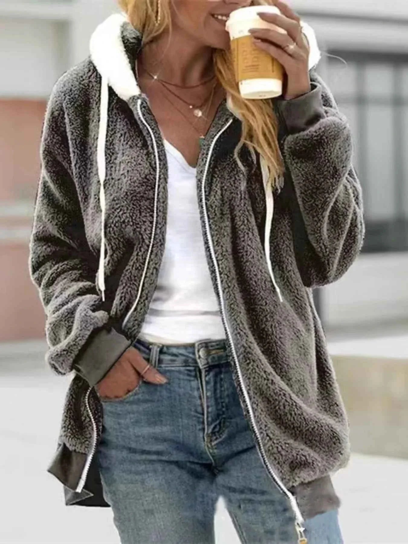 Cozy Fleece Zip-Up Hooded Jacket - Plus Size