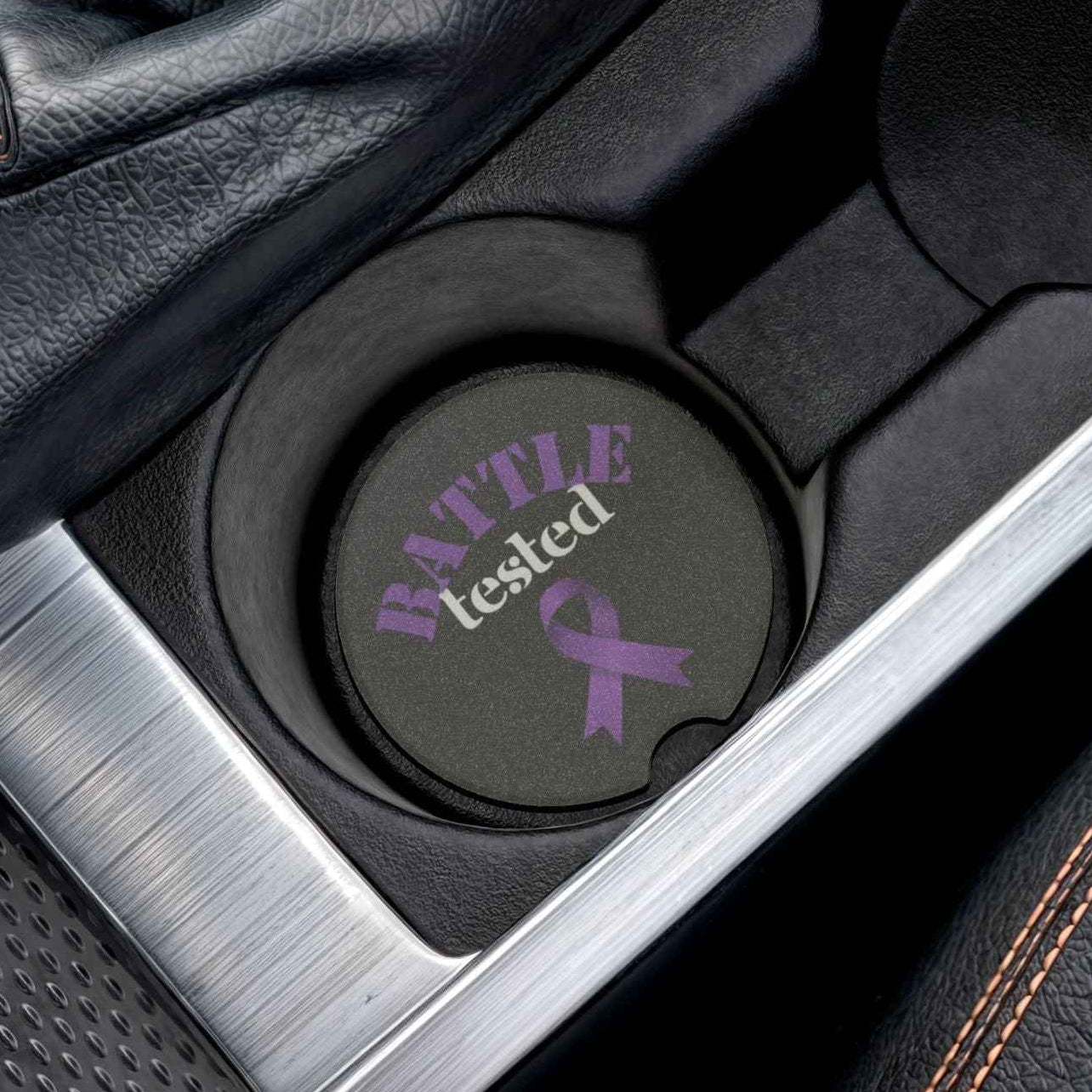 Battle Tested Epilepsy Awareness Soapstone Car Coaster - Purple Ribbon