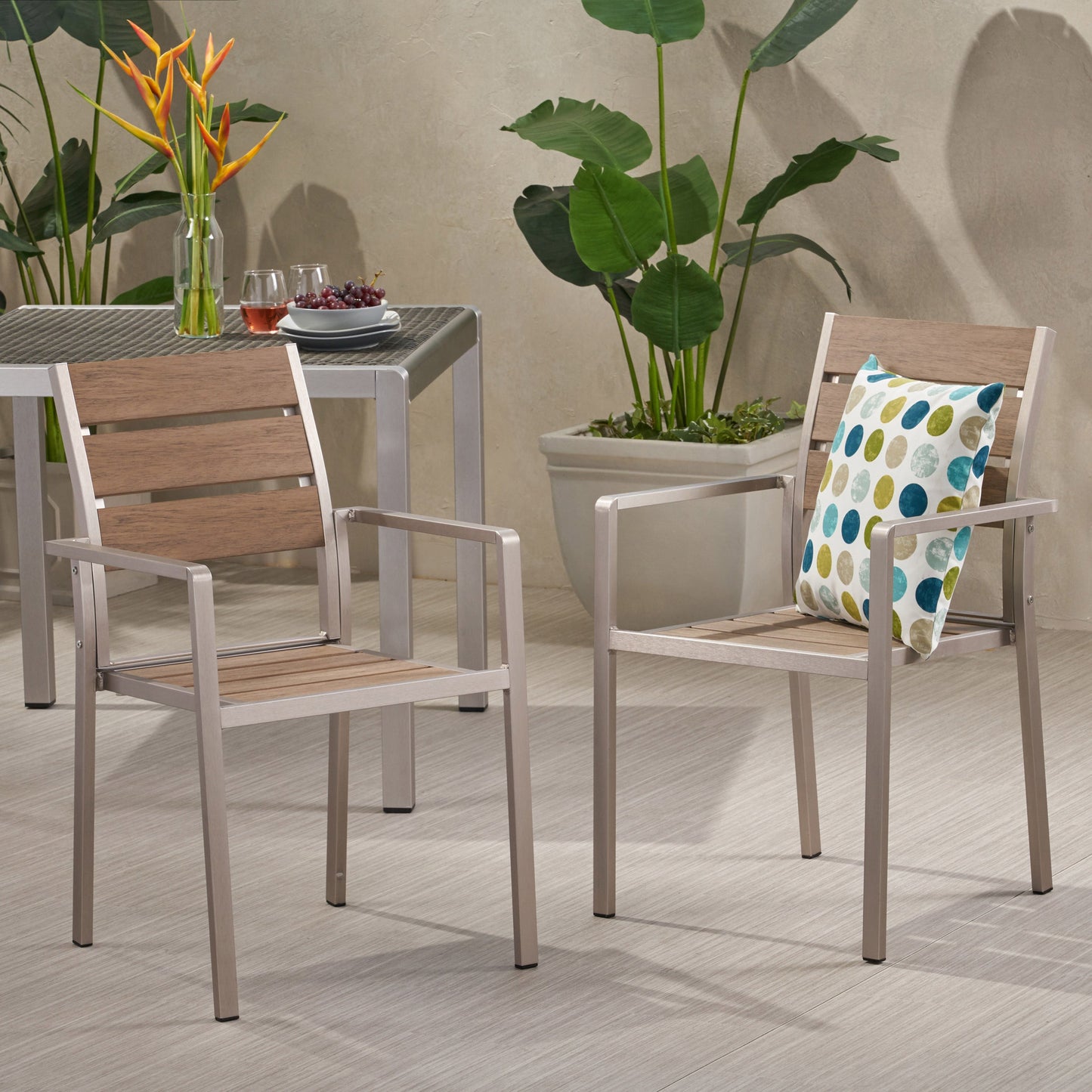 Outdoor Modern Aluminum Dining Chair with Faux Wood Seat (Set of 2), Natural and Silver - Korvel