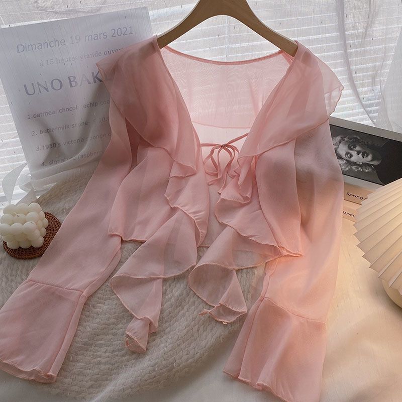 Haut en chiffon à volants grande taille avec protection solaire pour femmes