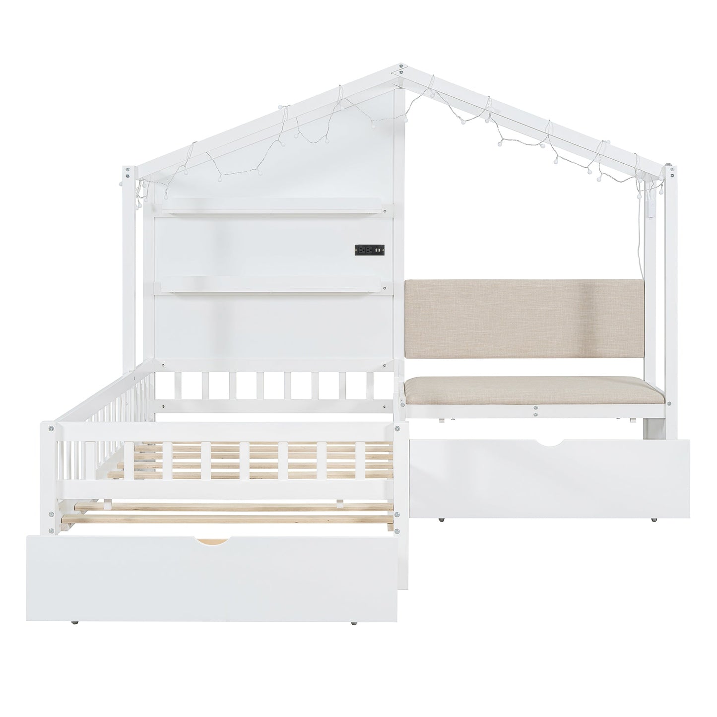 Twin Size House Bed with Upholstered Sofa and Charging Station