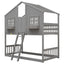 Twin over Twin House Bunk Bed with Roof , Window, Window Box, Door , with Safety Guardrails and Ladder, Grey - Korvel