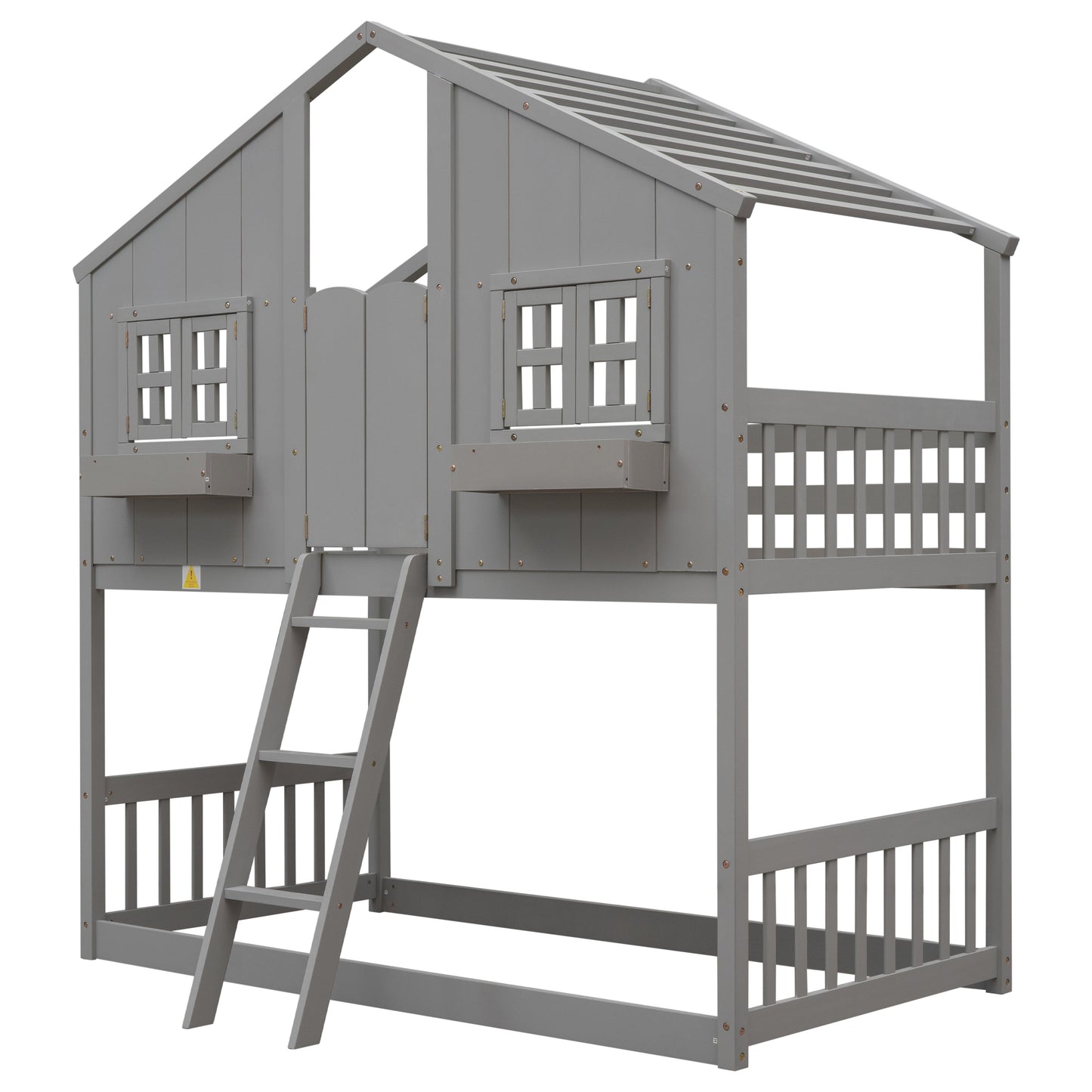 Twin over Twin House Bunk Bed with Roof , Window, Window Box, Door , with Safety Guardrails and Ladder, Grey - Korvel