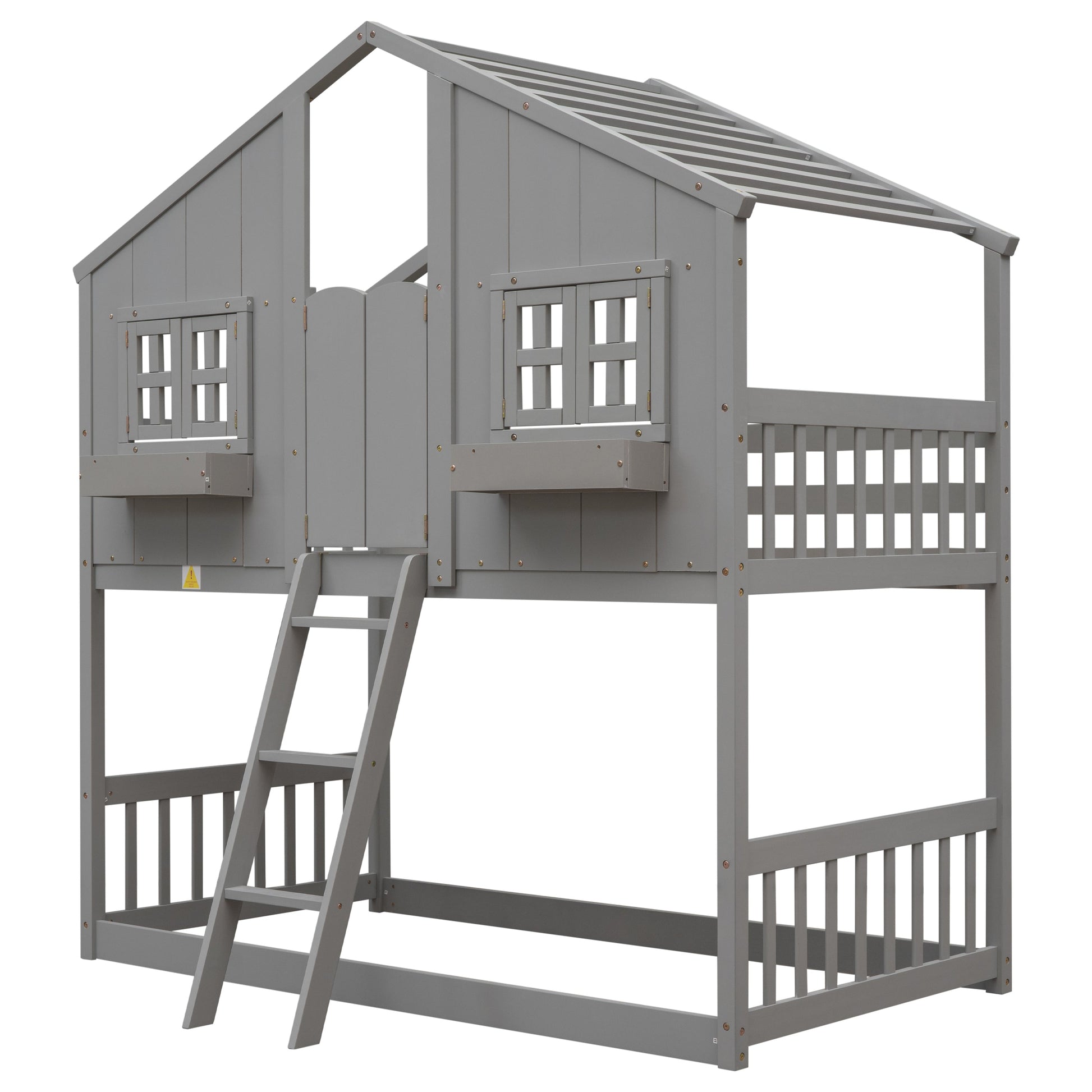 Twin over Twin House Bunk Bed with Roof , Window, Window Box, Door , with Safety Guardrails and Ladder, Grey - Korvel