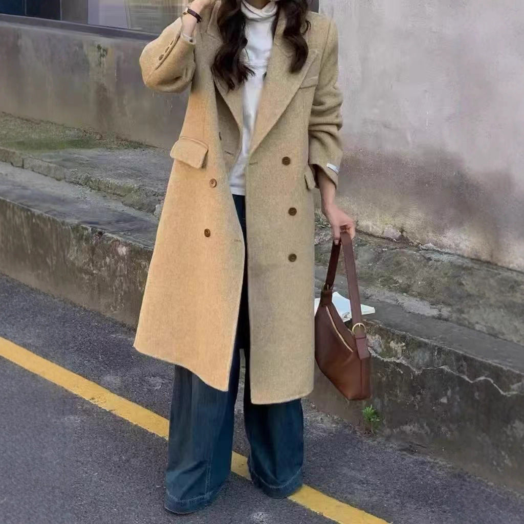 Elegante abrigo de lana de doble cara largo por encima de la rodilla para mujeres