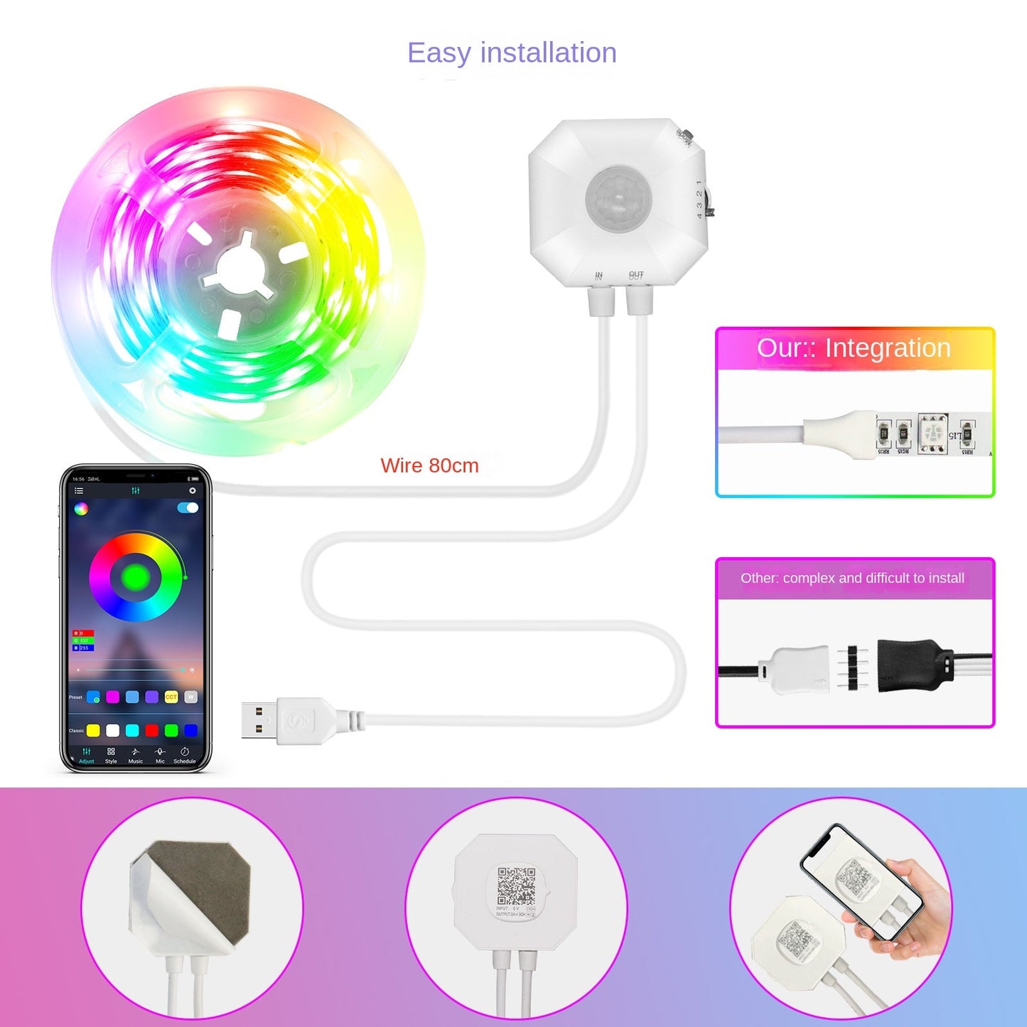 Colorful Bluetooth App Human Body Sensing Bedside Lamp with USB 5V 5050 Bedroom Induction - Korvel