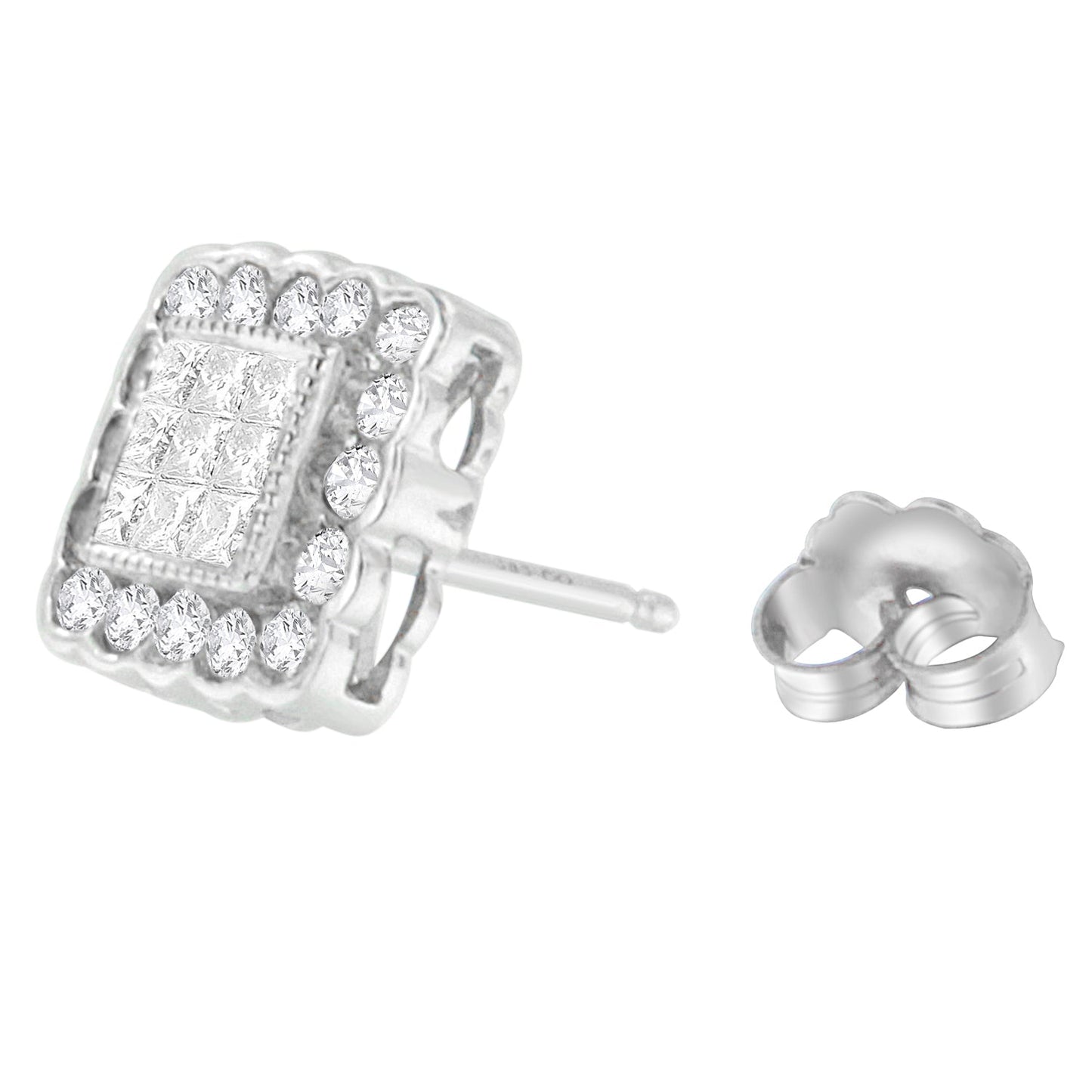 Pendientes de Stud Halo de Diamante en Oro Blanco de 14K