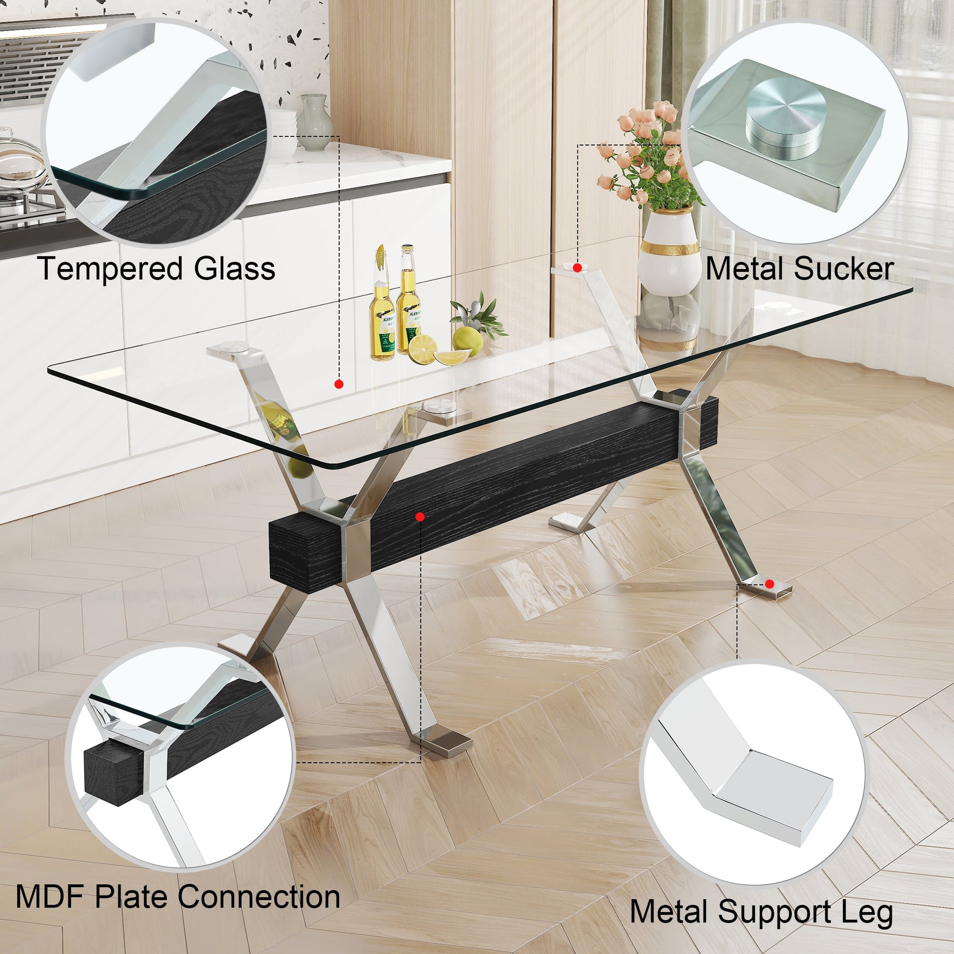 Dining table Modern tempered glass dining table Large modern office desk with silver plated metal legs and MDF crossbars - Korvel