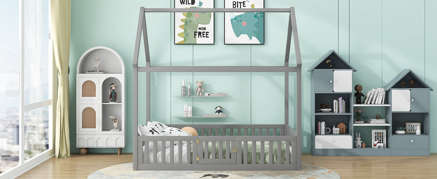 Full Size Wood House Bed with Fence and Door, Gray - Korvel