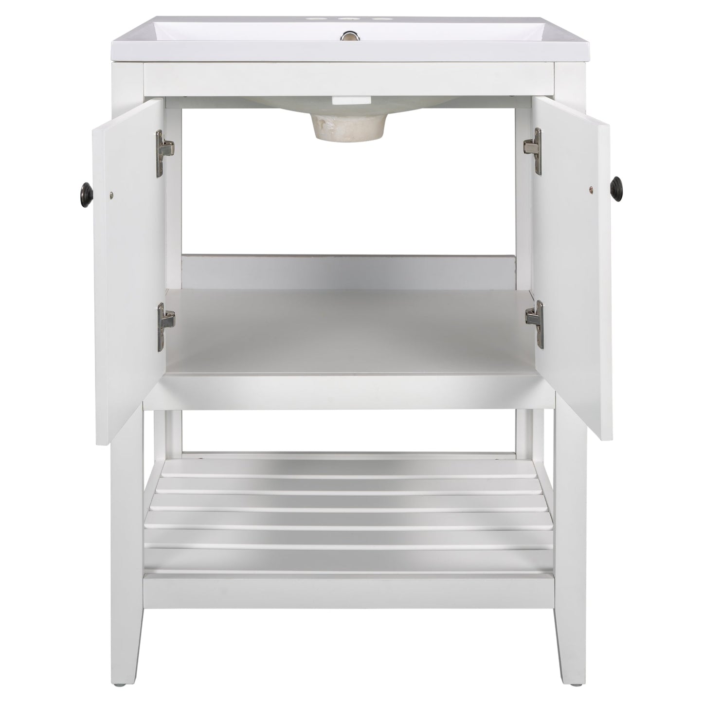 24" White Modern Sleek Bathroom Vanity Elegant Ceramic Sink with Solid Wood Frame Open Style Shelf - Korvel