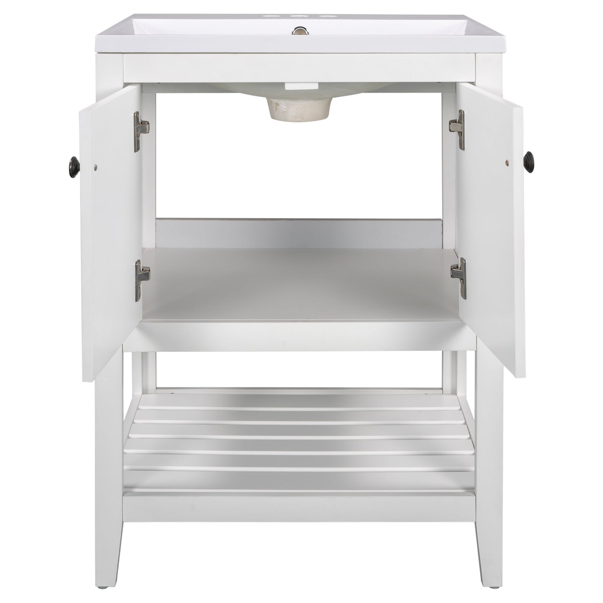 24" White Modern Sleek Bathroom Vanity Elegant Ceramic Sink with Solid Wood Frame Open Style Shelf - Korvel