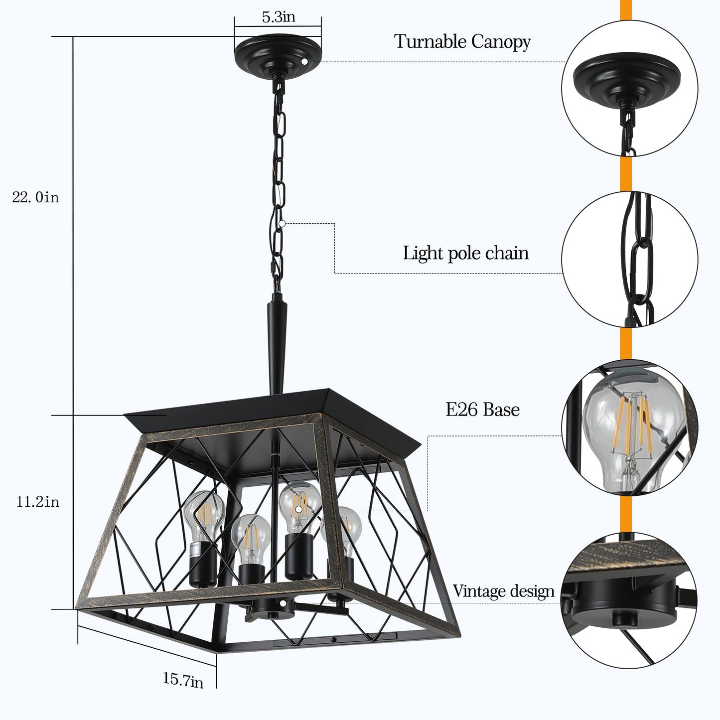 Farmhouse Chandelier  4-Light Vintage Antique Chandeliers Light Fixture For Kitchen Dining Room Living Room(No Bulbs) - Korvel