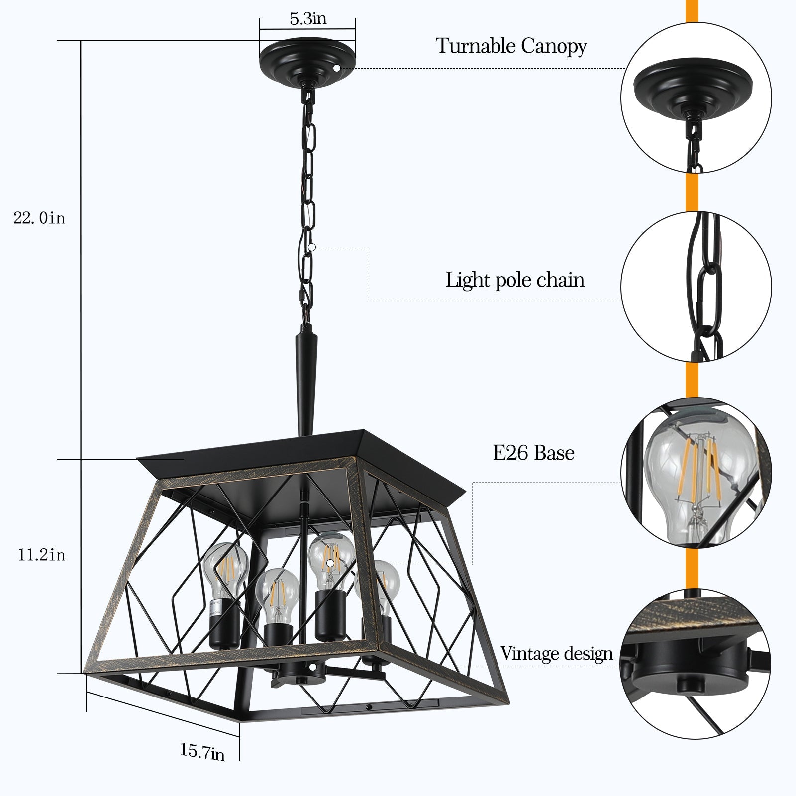 Farmhouse Chandelier  4-Light Vintage Antique Chandeliers Light Fixture For Kitchen Dining Room Living Room(No Bulbs) - Korvel