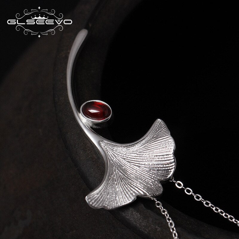 GLSEEVO Ginkgo Biloba Leaf Brooch - 925 Sterling Silver with Garnet