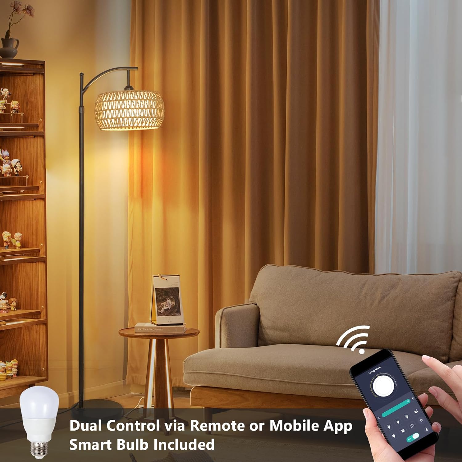 Arc Floor Lamp with Remote Control, Dimmable LED Floor Lamp with 3 Color Temperature Boho Farmhouse Tall Pole Lamp - Korvel
