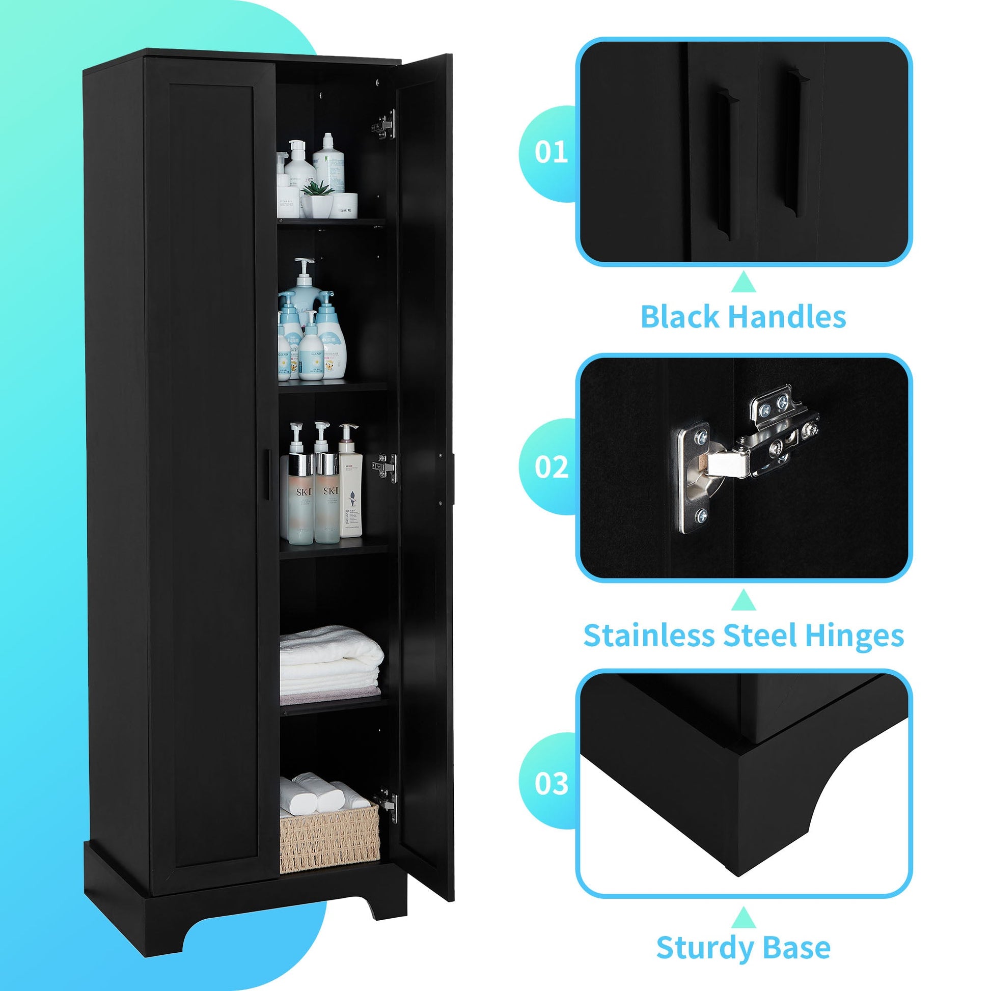 Storage Cabinet with Two Doors for Bathroom, Office, Adjustable Shelf, MDF Board, Black - Korvel