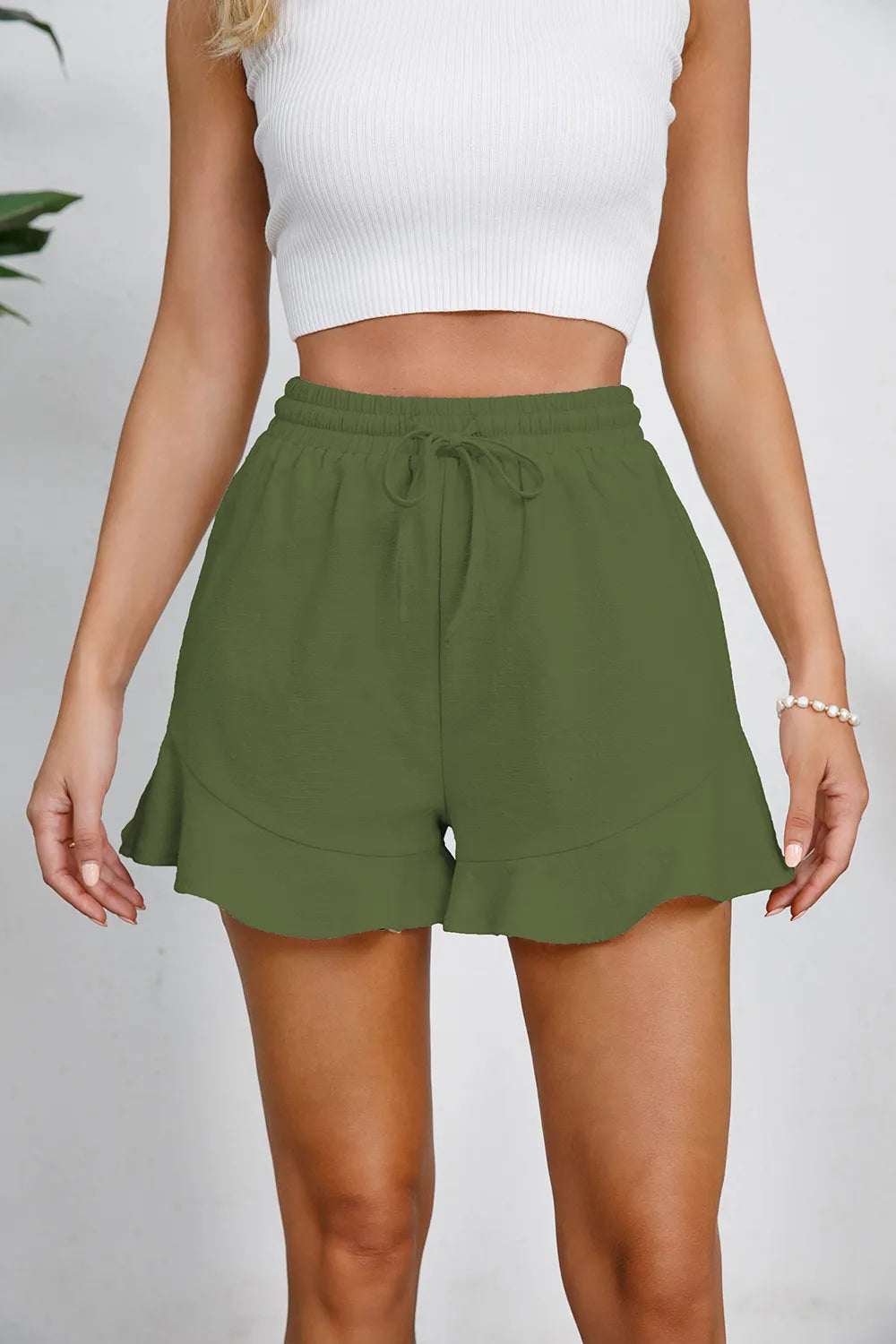 Women's cotton and linen shorts with ruffled edges and drawstring casual pants for women - Korvel