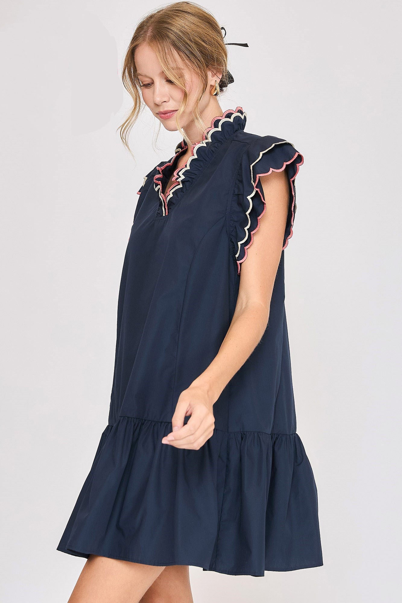 Vestido Elegante de Manga Rizada Talla Grande en Azul Marino