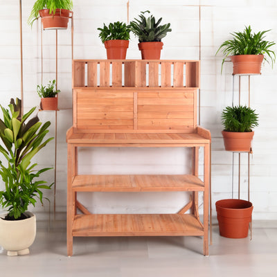 65" Large Wooden Farmhouse Rustic Outdoor Potting Bench Table Garden Potting Bench with 4 Storage Shelves and Side Hook,Natural - Korvel
