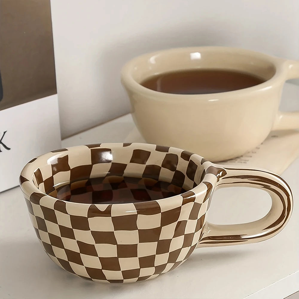 A 300ml ceramic retro couple checkerboard grid small capacity milk white wind mug coffee cups - Korvel