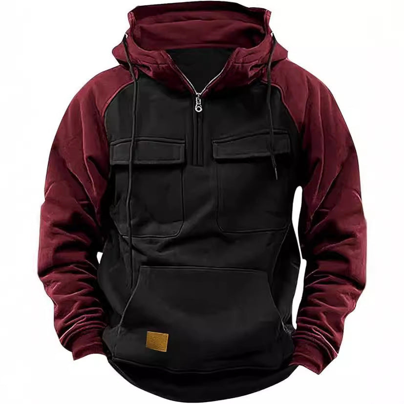 Men's Retro Cargo Hoodie with Half Zipper and Pockets