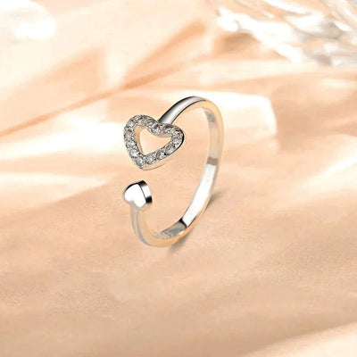 925 Sterling Silver Inlaid Zircon Heart Open Ring - Korvel