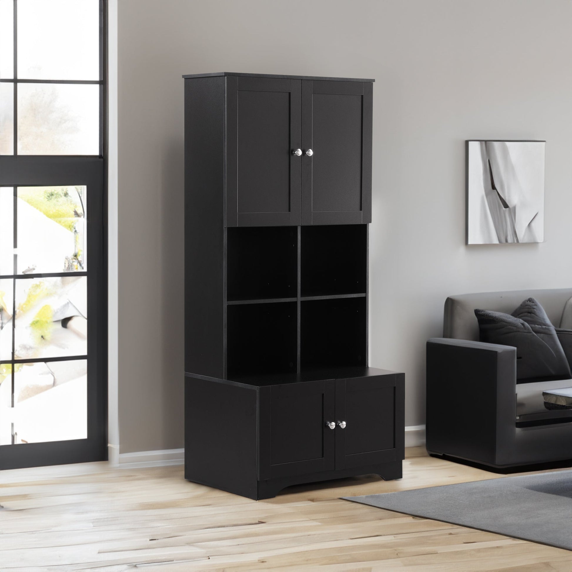 Bathroom storage cabinet, 4-door independent cabinet, adjustable shelf, open multi-layer shelf, black - Korvel