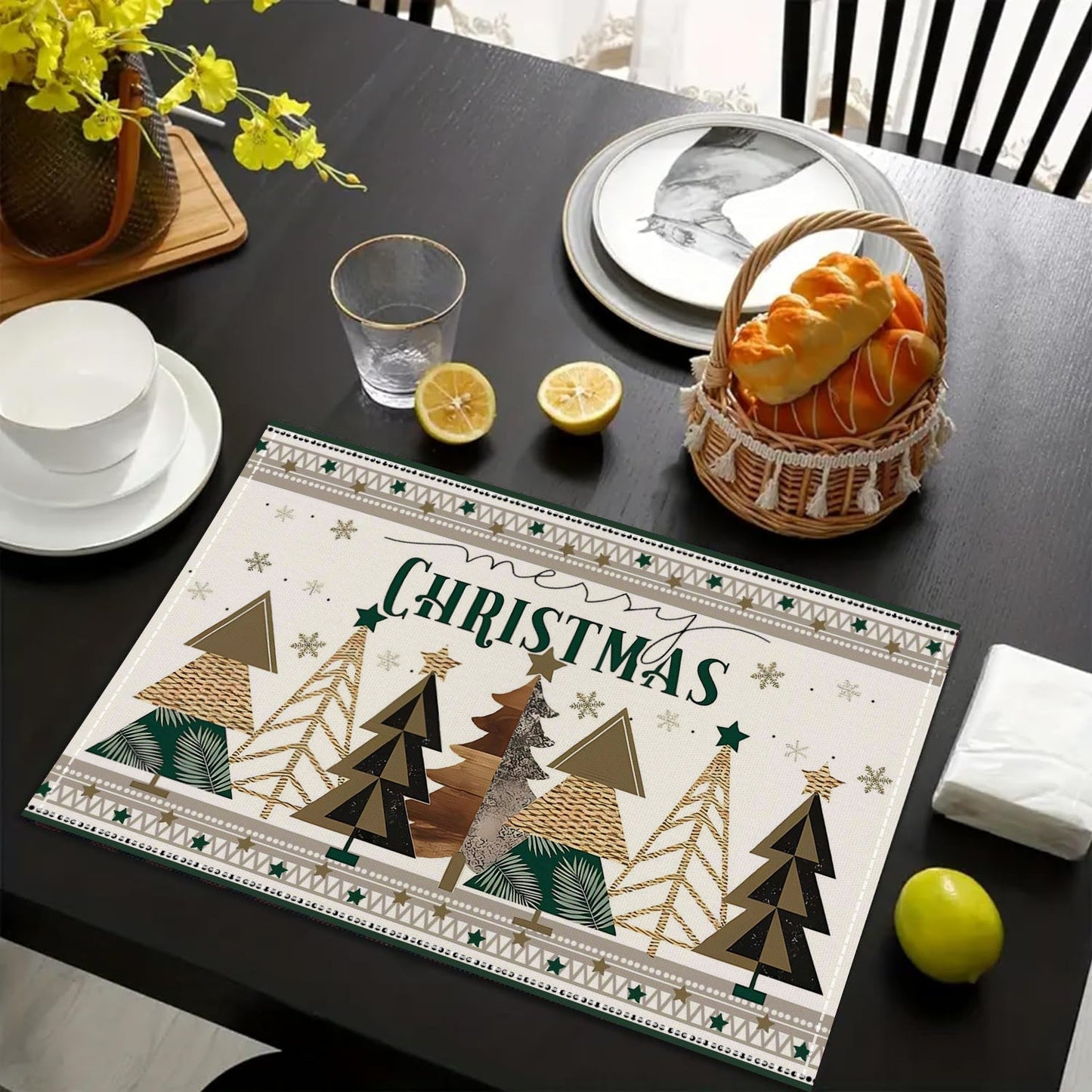 Christmas Tree Print Linen Placemats for Festive Dining