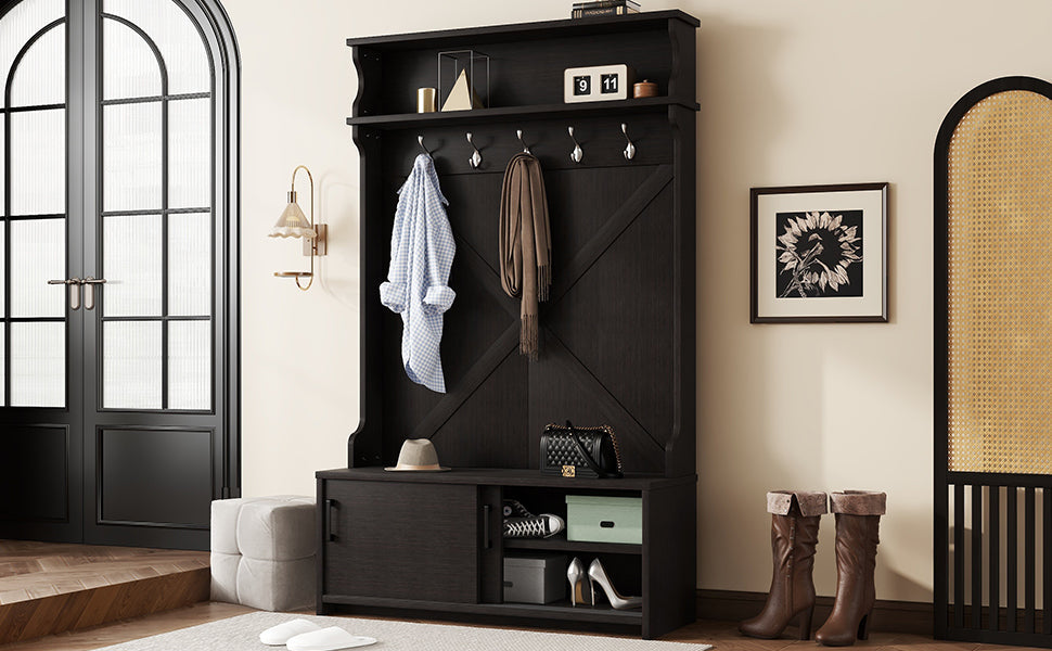Hall tree with roof rack and storage platform, corridor shoe cabinet with sliding door, clothes hanger with 5 hooks black - Korvel