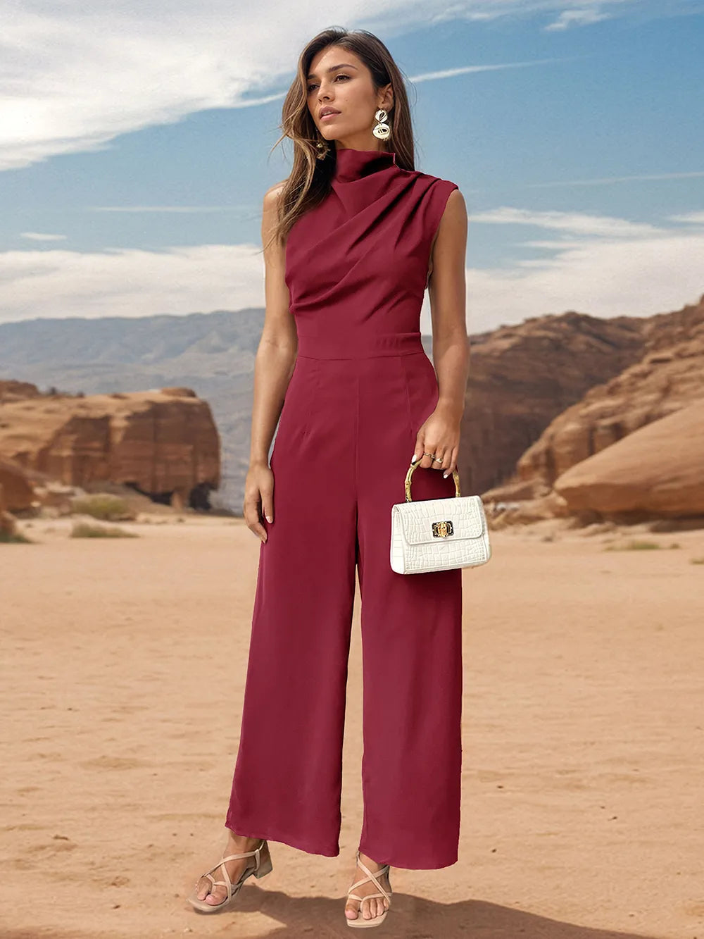Ruched Mock Neck Sleeveless Jumpsuit - Korvel