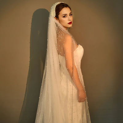 Pearl Hair Band Bridal Veils Extra Long Royal Cathedral Length Veil Wedding Veils with Comb Wedding Hair Accessories - Korvel
