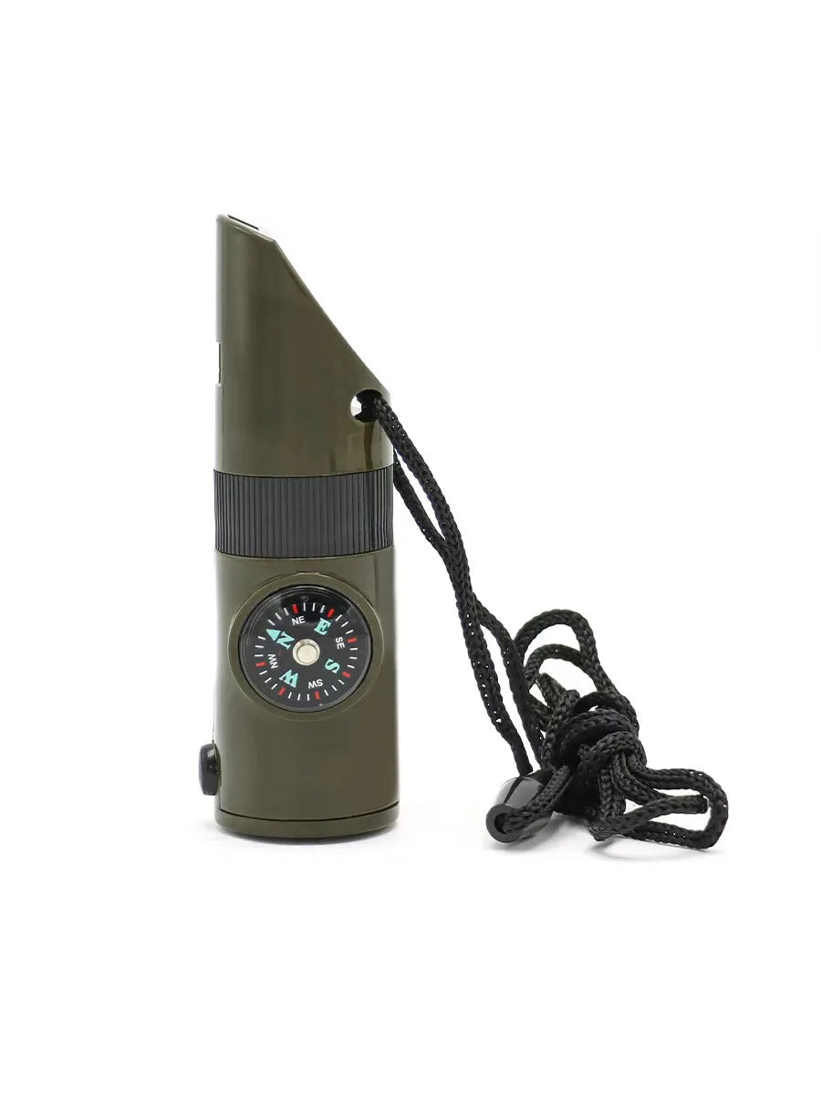 NEW 7 in 1 Survival Whistle Hiking Whistle Compass Mirror Flashlight Magnifier LED Light Thermometer Storage Compass Tool - Korvel