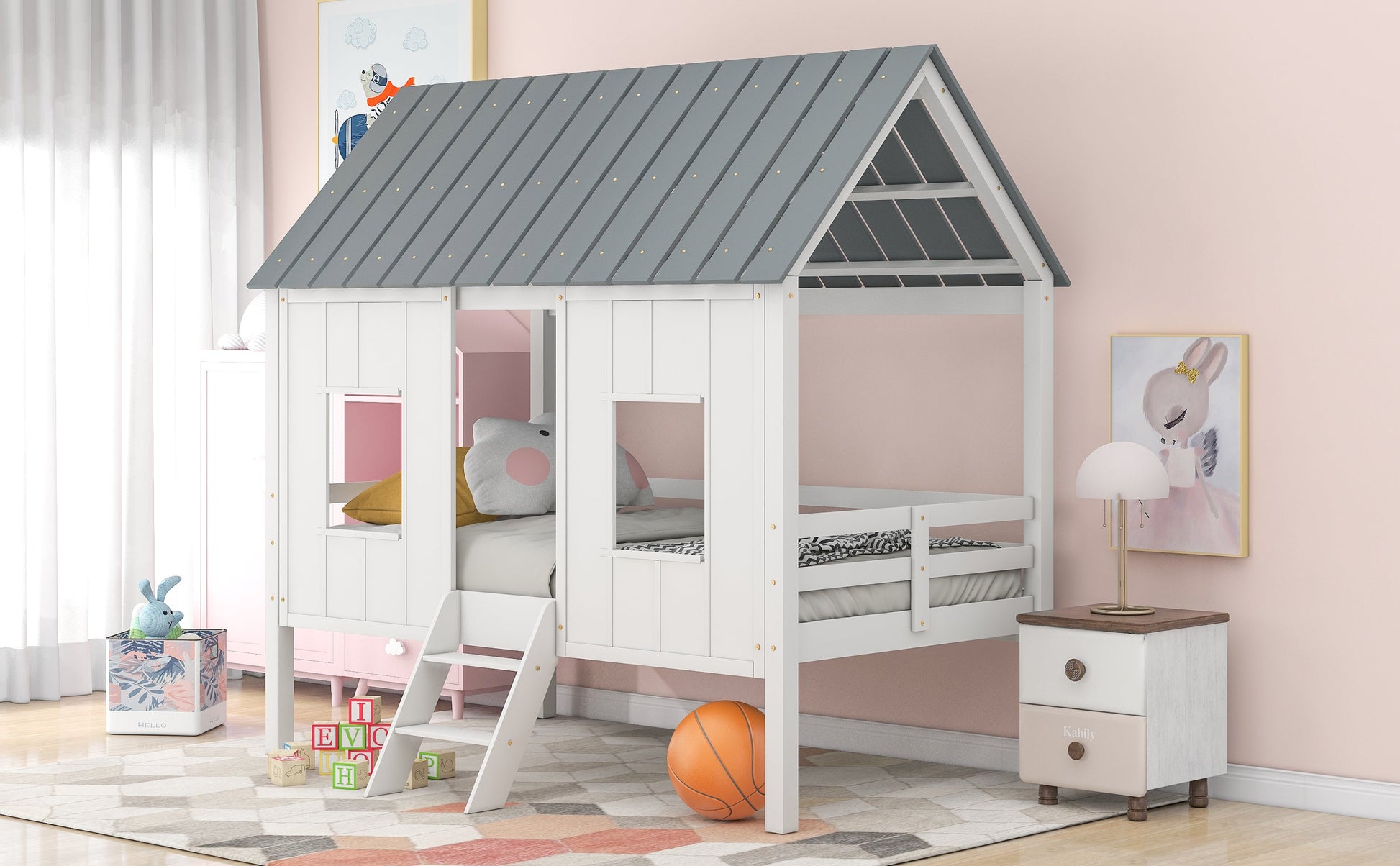 Twin Size Low Loft House Bed with Roof and Two Front Windows White - Korvel