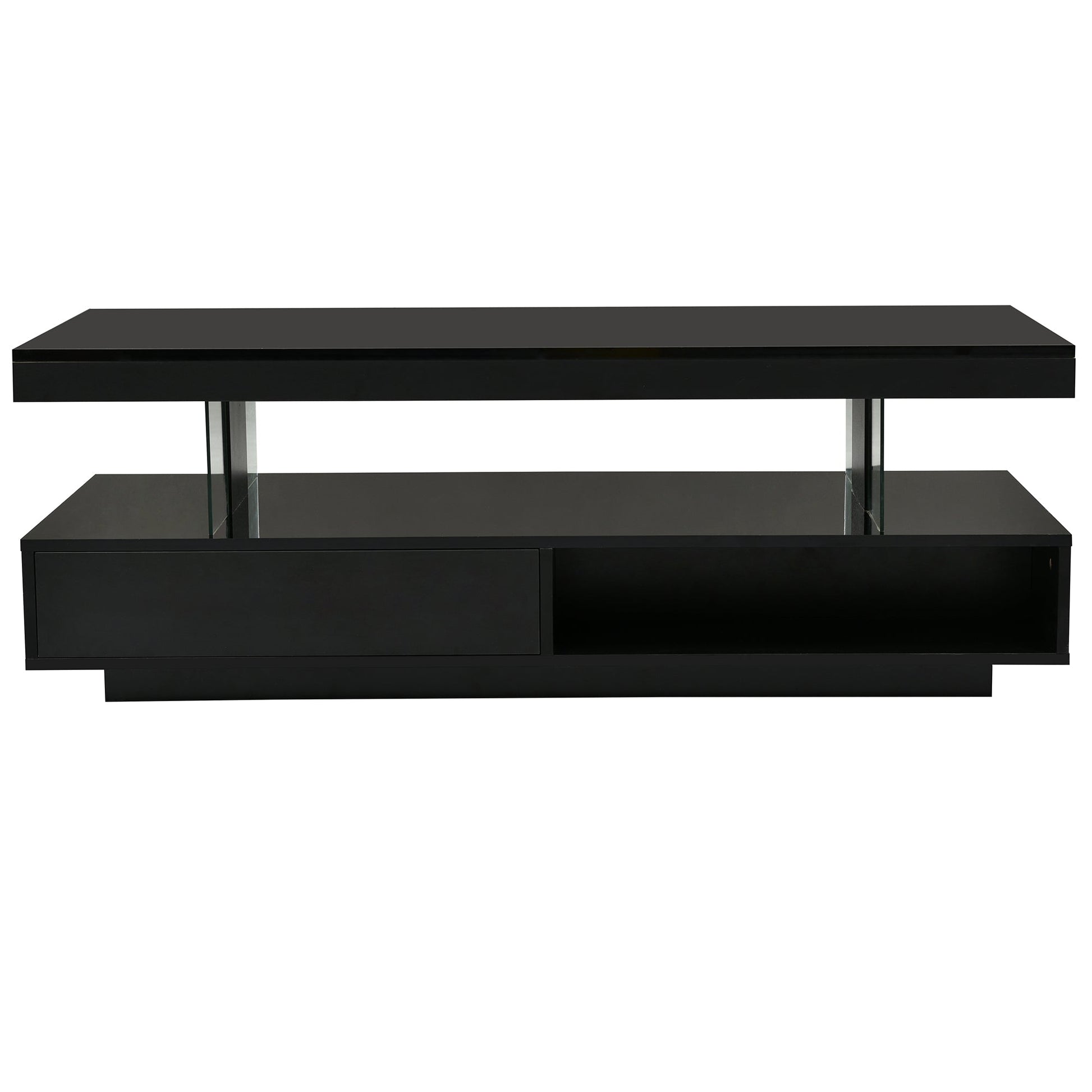 U-Can LED coffee table with storage space, modern central table with 2 drawers and display rack, equipped with LED lights, black - Korvel