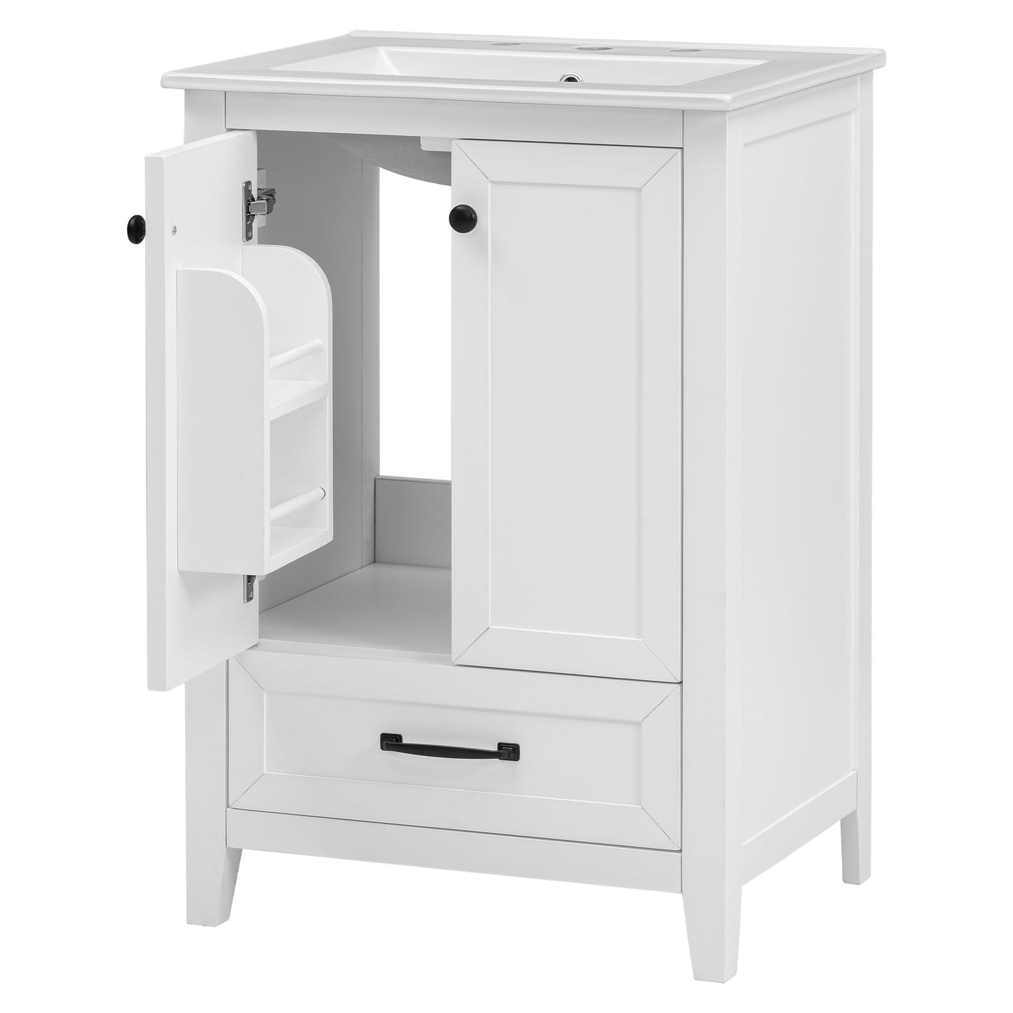 24" Bathroom Vanity with Sink, Bathroom Vanity Cabinet with One Drawer and Doors, Solid Wood and MDF, White - Korvel