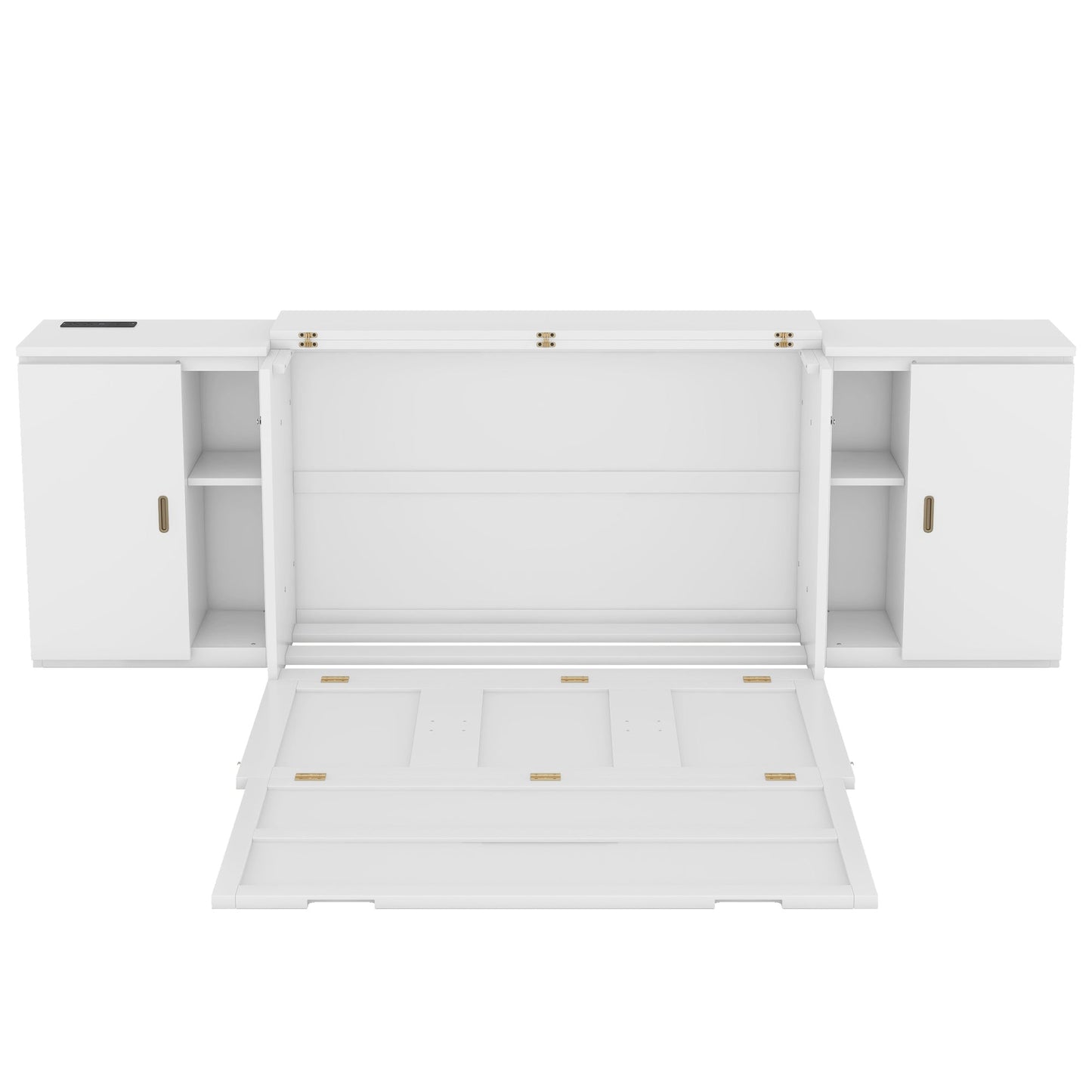 Full Size Murphy Bed with Shelves and USB Ports - White
