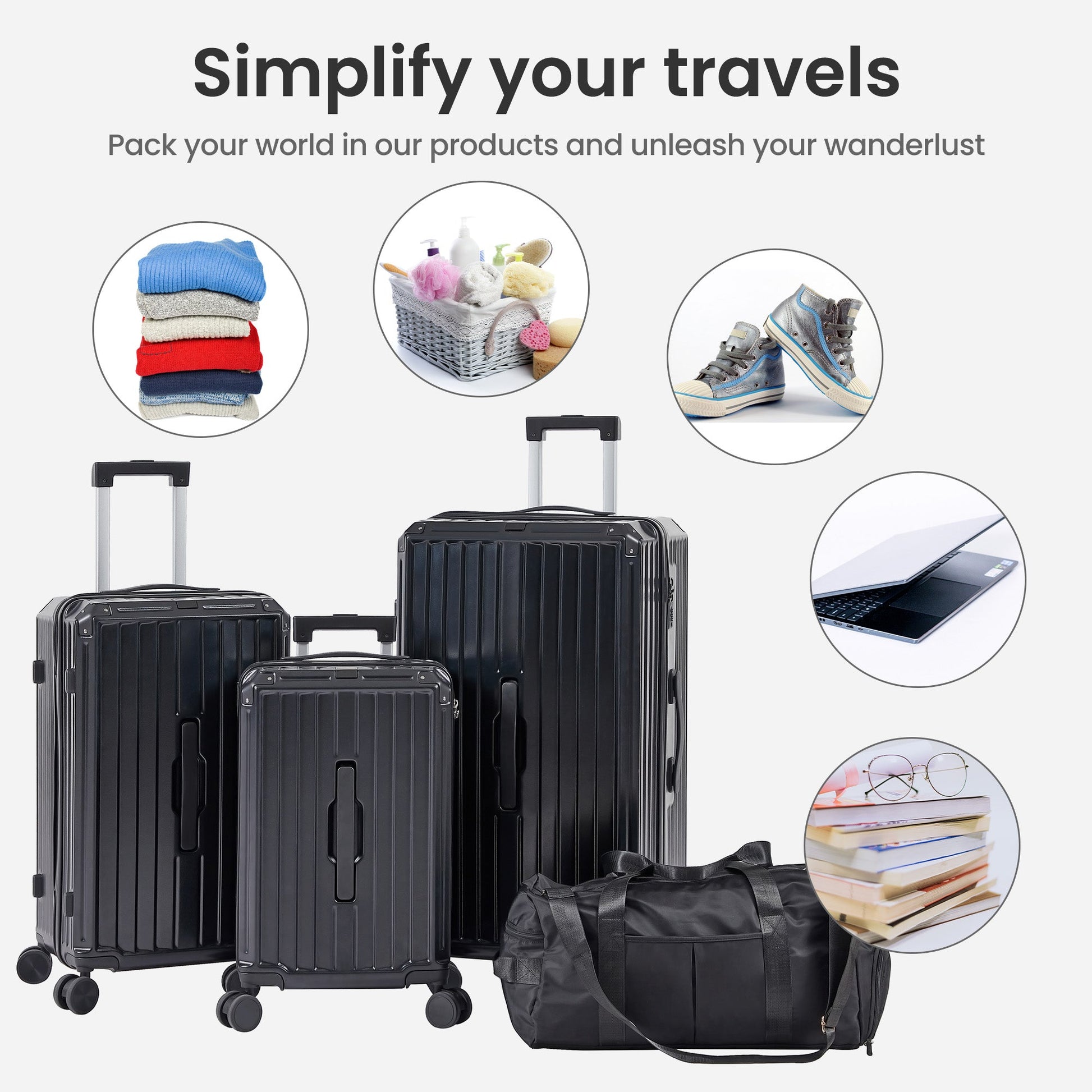 Luggage Set 4 pcs (20"/24"/29"/Travel Bag), PC+ABS Durable Lightweight Luggage with Collapsible Cup Holder TSA Lock, Black - Korvel